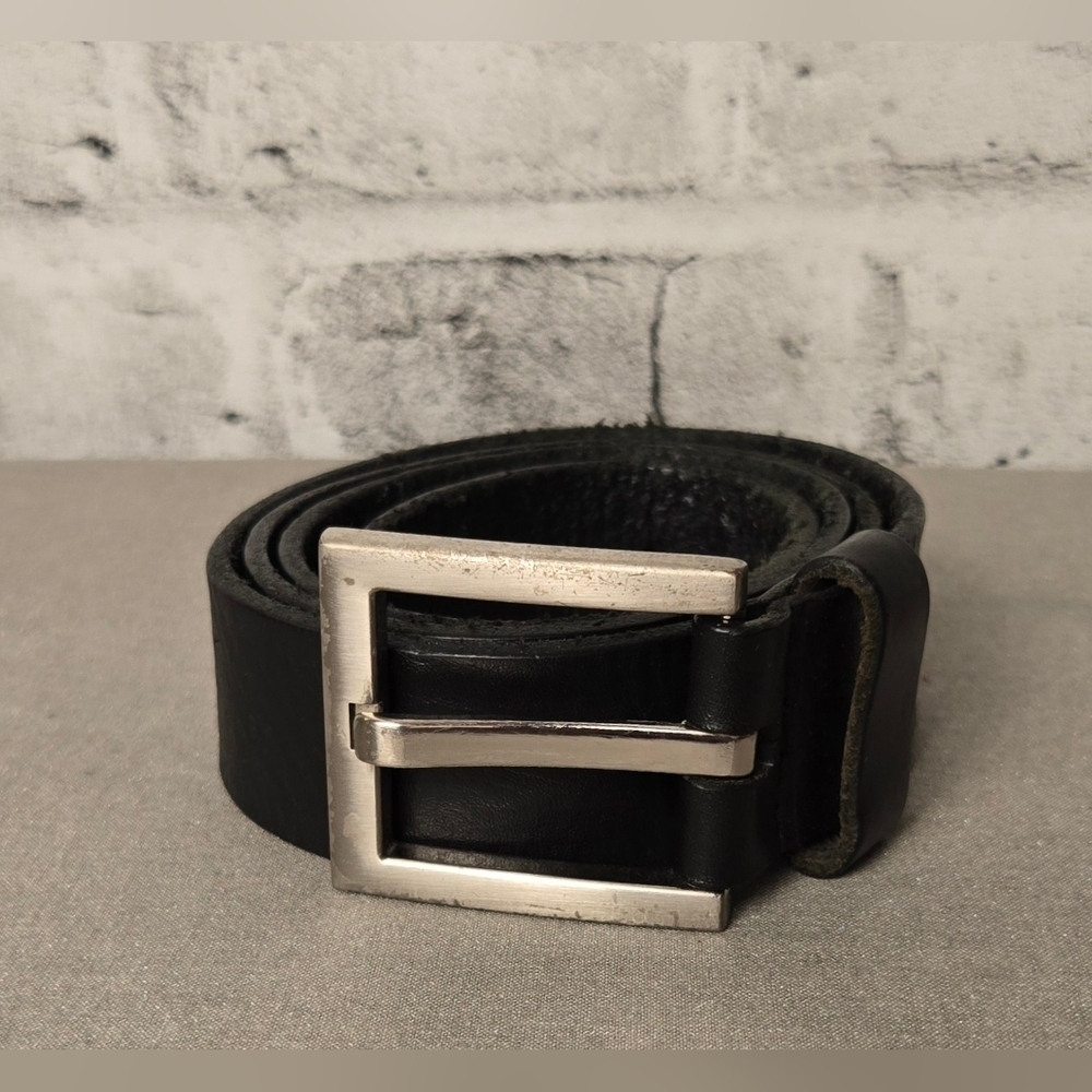 Mens Black Leather Belt Silver Buckle Size 36 Minimalist Casual Style